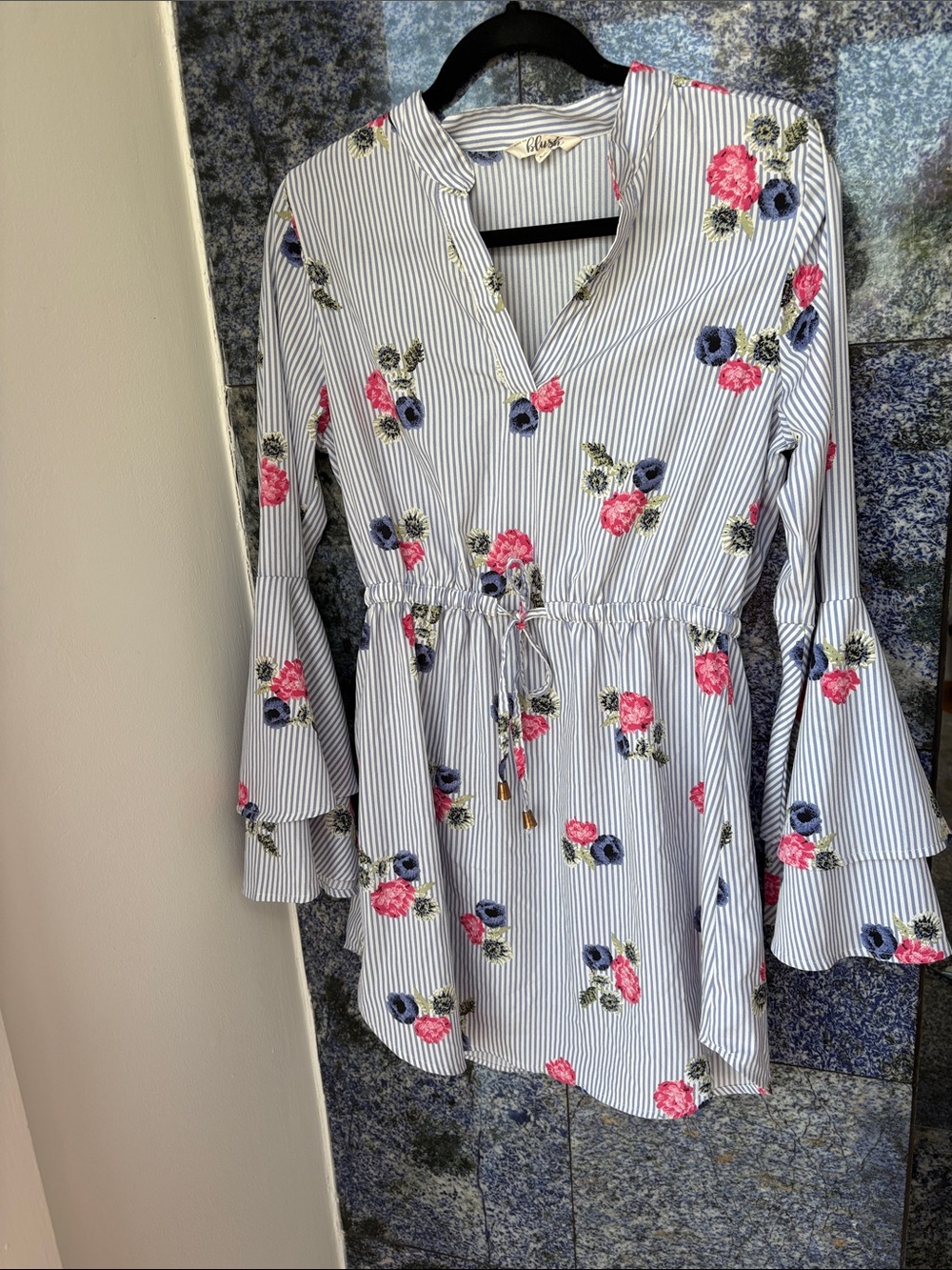 Hint of Blush Striped Top in Light Blue and White